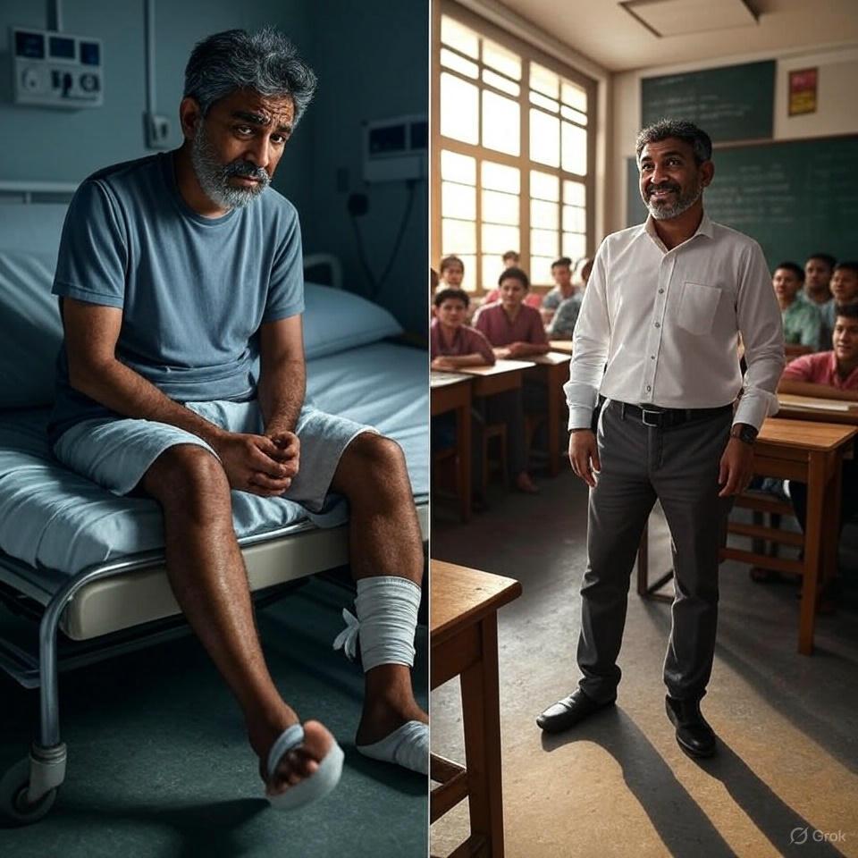 Rohitash standing confidently in his classroom, teaching students with a smile - showing his recovery and return to normal life